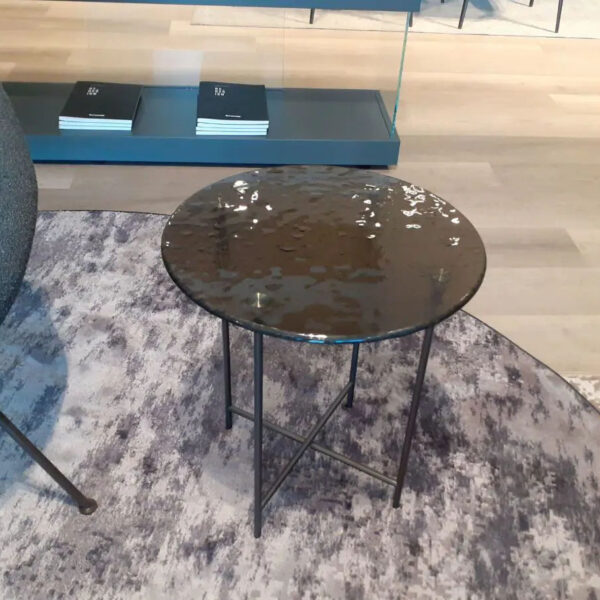 NEMU tavolino da salotto tondo diam. 45 con base in metallo Nichel Brunitopiano vetro termoforma
